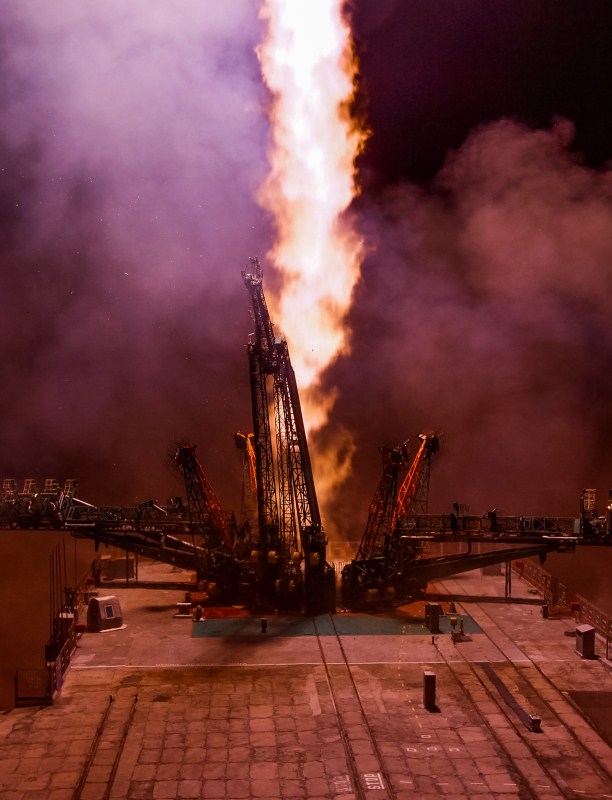 The Soyuz MS-08 spacecraft carrying the crew of astronauts Drew Feustel and Ricky Arnold of the U.S and crewmate Oleg Artemyev of Russia blasts off to the International Space Station (ISS) from the launchpad at the Baikonur Cosmodrome, Kazakhstan, March 21, 2018. International Space Station,international space station (satellite),International Space Station Images,International Space Station Photos,International Space Station Pics,Mission to ISS