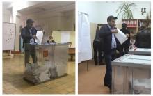 A voter casting a ballot at polling station number 216 (L) and approaching a box before casting a ballot at a polling station number 217, during Sunday's presidential election in Ust-Djeguta, Russia. The voter, asked by a Reuters reporter why he was voting for a second time, ignored the question and walked away.