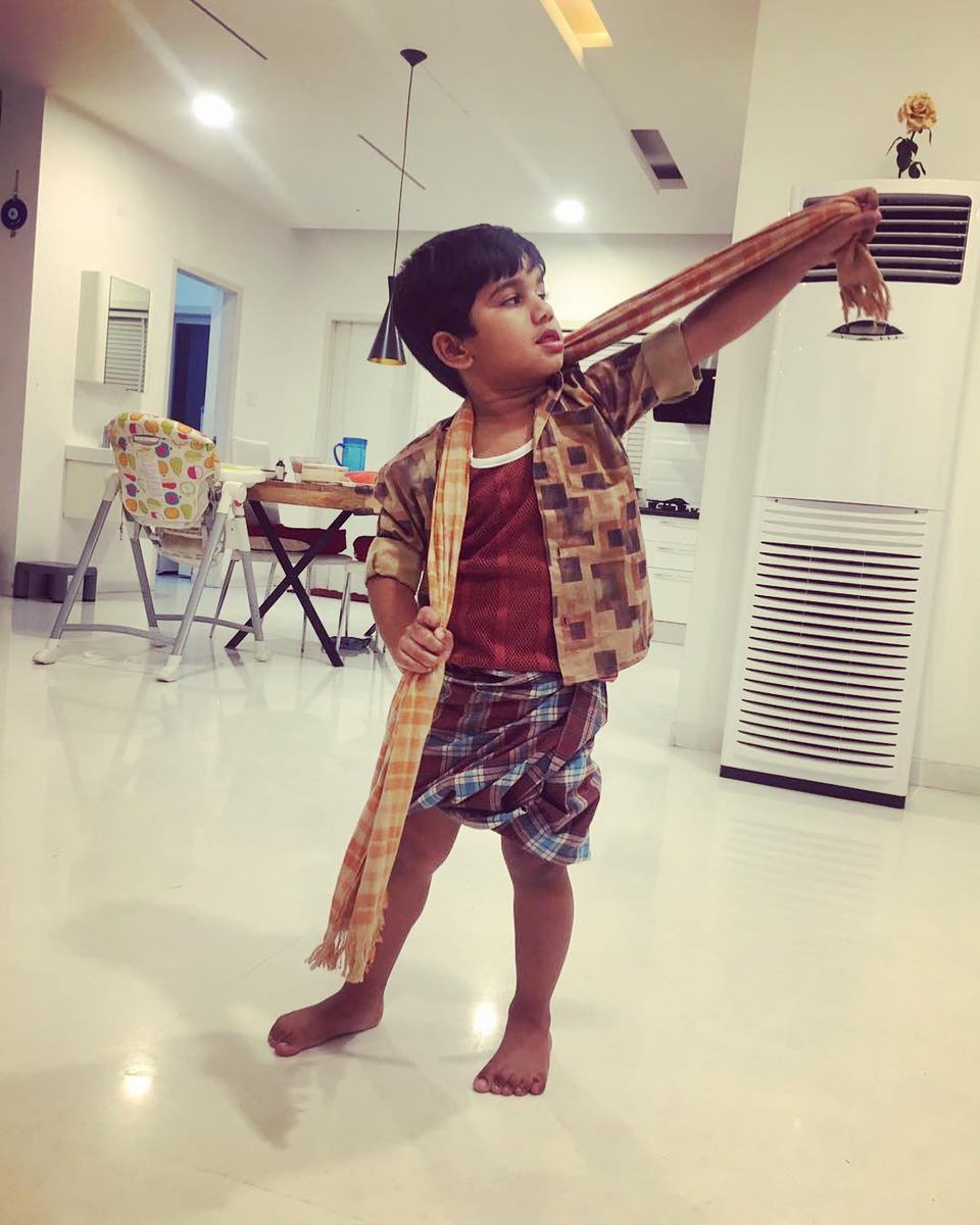 Rangasthalam: Little Stylish Star Allu Ayaan in "ChiitiBabu" getup. The film is scheduled for a worldwide release on 30 March 2018. Allu Arjun son Allu Ayaan,Allu Arjun son,Allu Ayaan,Ram Charan,Allu Arjun son in Ram Charan look,Rangasthalam,Rangasthalam first look