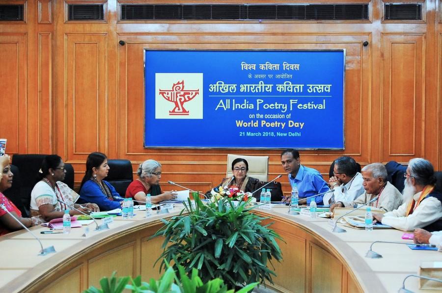 In the inaugural session on Wednesday, Sahitya Akademi Secretary K. Sreenivasarao welcomed the participants and audience and talked about the uniqueness of poetry in all languages, Indian poetic traditions, relevance of poetry in the twenty first century and Sahitya Akademi's initiatives to promote poetry in all languages of the country. Sahitya Akademi,World Poetry Day,World Poetry Day celebration,World Poetry Day 2018,World Poetry Day celebration pics,World Poetry Day celebration images