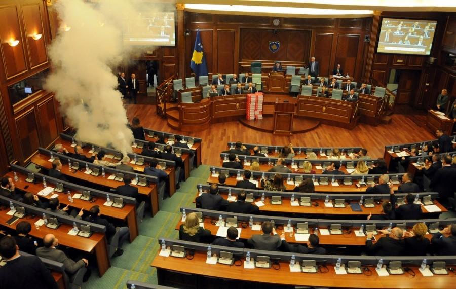 Kosovo opposition politicians release tear gas in parliament to obstruct a session in Pristina. Kosovo,Kosovo protest,Kosovo opposition,Kosovo politicians,Pristina,Kosovo Parliament,Pristina Parliament,Parliament tear gas,tear gas in Parliament