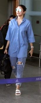 Actress Anushka Sharma arrives at Raja Bhoj Airport as she leaves for Mumbai after completing the shooting of her film 