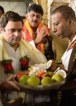 Congress President Rahul Gandhi on Satuday offered prayers at a Hindu temple here for the party's success in the upcoming Karnataka assembly polls.