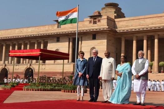 German President Frank-Walter Steinmeier was accorded a ceremonial welcome at the Rashtrapati Bhavan on Saturday in the presence of his Indian counterpart Ram Nath Kovind and Prime Minister Narendra Modi.