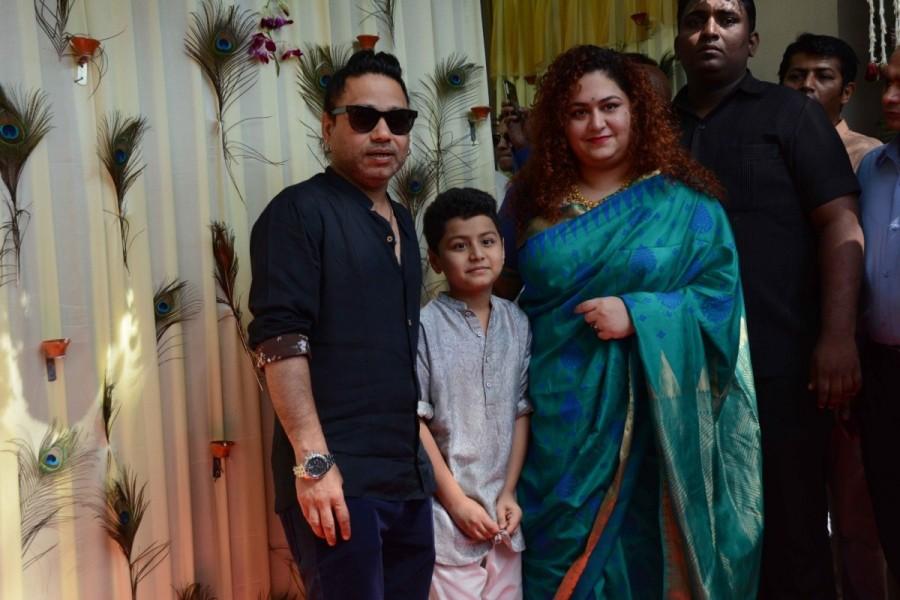 Singer Kailash Kher with wife Sheetal Kher and son Kabir Kher during the rice ceremony (annaprasanna) of Bappi Lahiri's grandson, in Mumbai. Jayaprada,Hemamalini,Neetu Chandra,Amar Singh,Randhir Kapoor,Bappi Lahiri,Bappi Lahiri grandson Annaprashan party,Krishh,Krishh Annaprashan party