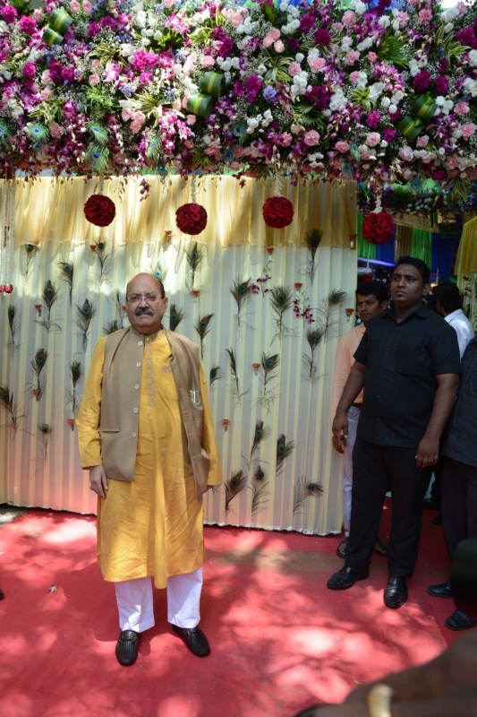 Politician Amar Singh during the rice ceremony (annaprasanna) of Bappi Lahiri's grandson, in Mumbai. Jayaprada,Hemamalini,Neetu Chandra,Amar Singh,Randhir Kapoor,Bappi Lahiri,Bappi Lahiri grandson Annaprashan party,Krishh,Krishh Annaprashan party