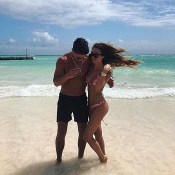 Bikini-clad Megan McKenna enjoys her romantic holiday with boyfriend Michael Thalassitis on Barbados beach.