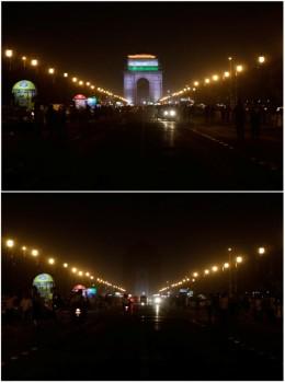 A combination picture shows the India Gate war memorial before (top) and after the lights were turned off for Earth Hour in New Delhi, India.