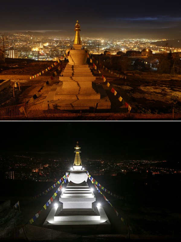 The Stupa of Enlightenment, a holy monument constructed of granite, at the Buddhist Centre, before (bottom) and after the lights were switched off for Earth Hour, in Krasnoyarsk, Russia. Before and after pictures,Before and after,Before and after pics,Before and after images,World marks Earth Hour 2018,World marks Earth Hour