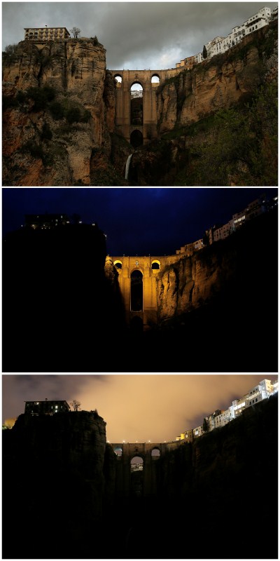 A combination photo shows the "Puente Nuevo" (New Bridge) in the daytime (top), at night (C) and during Earth Hour in Ronda, near Malaga, Spain. Before and after pictures,Before and after,Before and after pics,Before and after images,World marks Earth Hour 2018,World marks Earth Hour