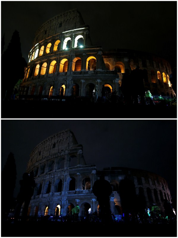 The ancient Colosseum before and after the lights were switched off for Earth Hour in Rome, Italy. Before and after pictures,Before and after,Before and after pics,Before and after images,World marks Earth Hour 2018,World marks Earth Hour