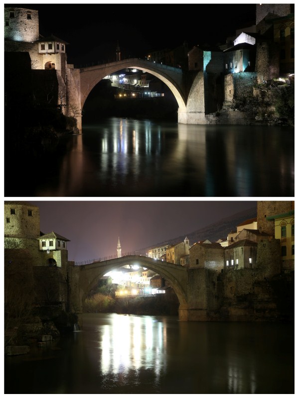 Mostar, Bosnia and HerzegovinaThe Old Bridge is pictured before (top) and during (bottom) Earth Hour in Mostar, Bosnia and Herzegovina. Before and after pictures,Before and after,Before and after pics,Before and after images,World marks Earth Hour 2018,World marks Earth Hour