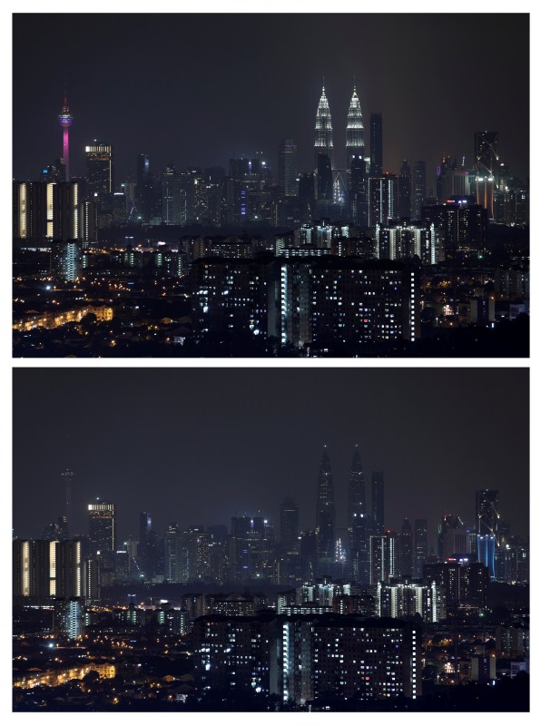 The Petronas Twin Towers as lights were dimmed (bottom) and after lights were switched on to mark the Earth Hour in Kuala Lumpur, Malaysia. Before and after pictures,Before and after,Before and after pics,Before and after images,World marks Earth Hour 2018,World marks Earth Hour