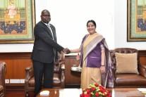 External Affairs Minister Sushma Swaraj during a meeting with Malawi's Foreign Affairs and International Cooperation Minister Emmanuel Fabiano in New Delhi.