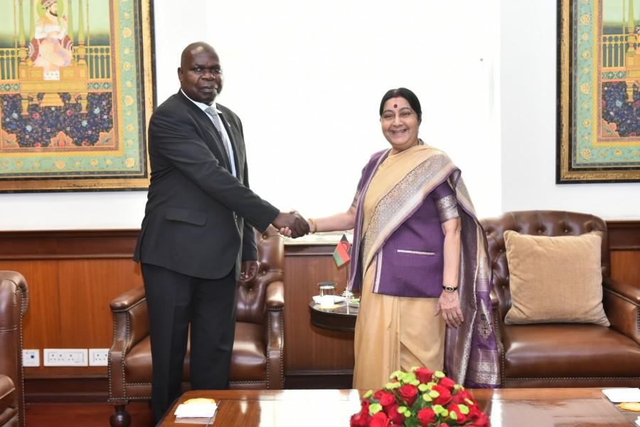 External Affairs Minister Sushma Swaraj during a meeting with Malawi's Foreign Affairs and International Cooperation Minister Emmanuel Fabiano in New Delhi. Emmanuel Fabiano,Sushma Swaraj meets Emmanuel Fabiano,Sushma Swaraj,Malawi Foreign Minister