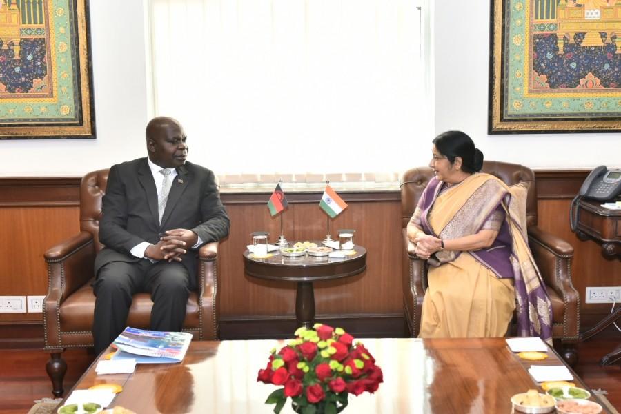 External Affairs Minister Sushma Swaraj during a meeting with Malawi's Foreign Affairs and International Cooperation Minister Emmanuel Fabiano in New Delhi on March 26, 2018. Emmanuel Fabiano,Sushma Swaraj meets Emmanuel Fabiano,Sushma Swaraj,Malawi Foreign Minister