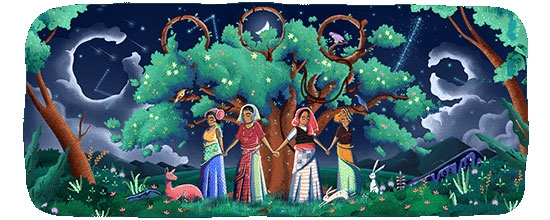 The Goodle (Google + Doodle) illustration takes off from an original picture of the movement spearheaded by Gaura Devi, who learnt late on March 25, 1974, that a group of loggers had arrived to butcher trees in her Reni village, in modern-day Uttarakhand. Google Doodle,Google Doodle salutes Chipko Movement,Chipko Movement,45th anniversary of Chipko Movement,Chipko Movement pics,Chipko Movement images