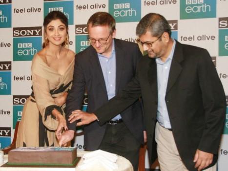 Actress Shilpa Shetty with Sony Pictures Networks India Executive Vice President and Business Head Tushar Shah and British television producer Michael Mosley during first anniversary celebrations of Sony BBC Earth in Mumbai on March 26, 2018.