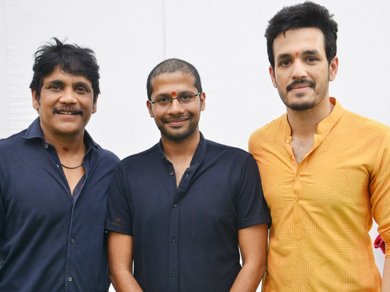 Nagarjuna Akkineni and Director Venky Atluri pose with actor Akhil Akkineni during movie launch in Hyderabad on 26th March 2018. Nagarjuna Akkineni,Amala,Akhil Akkineni,Akhil Akkineni new movie,Akhil Akkineni new movie launch,Akhil Akkineni new movie pooja,Dulquer Salman