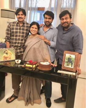 Tollywood actor Ram Charan celebrates his 33rd birthday with Megastar Chiranjeevi and Pawan Kalyan.