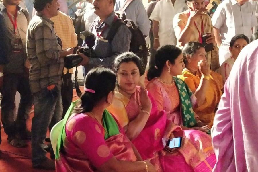 Director Teja and other members of crew created a court scene from the 'Daana Veera Soora Karna', the blockbuster in which NTR played the roles of Karna, Lord Krishna and Duryodhana. NTR biopic launch,NTR biopic launch live streaming,NTR biopic launch live on Youtube,President M Venkaiah Naidu,NTR biopic launch chief guest,Nandamuri Balakrishna,NT Rama Rao biopic,NTR biopic opening ceremony