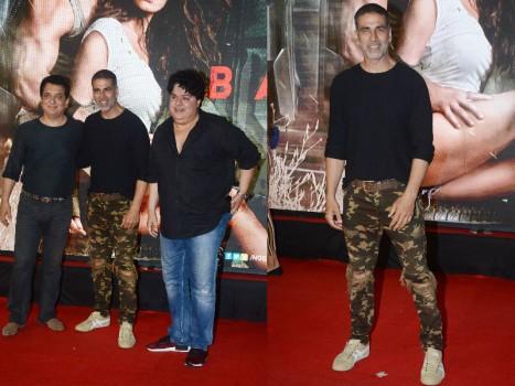 Akshay Kumar with his friends and filmmakers Sajid Nadiadwala and Sajid Khan at Baaghi 2 special screening.