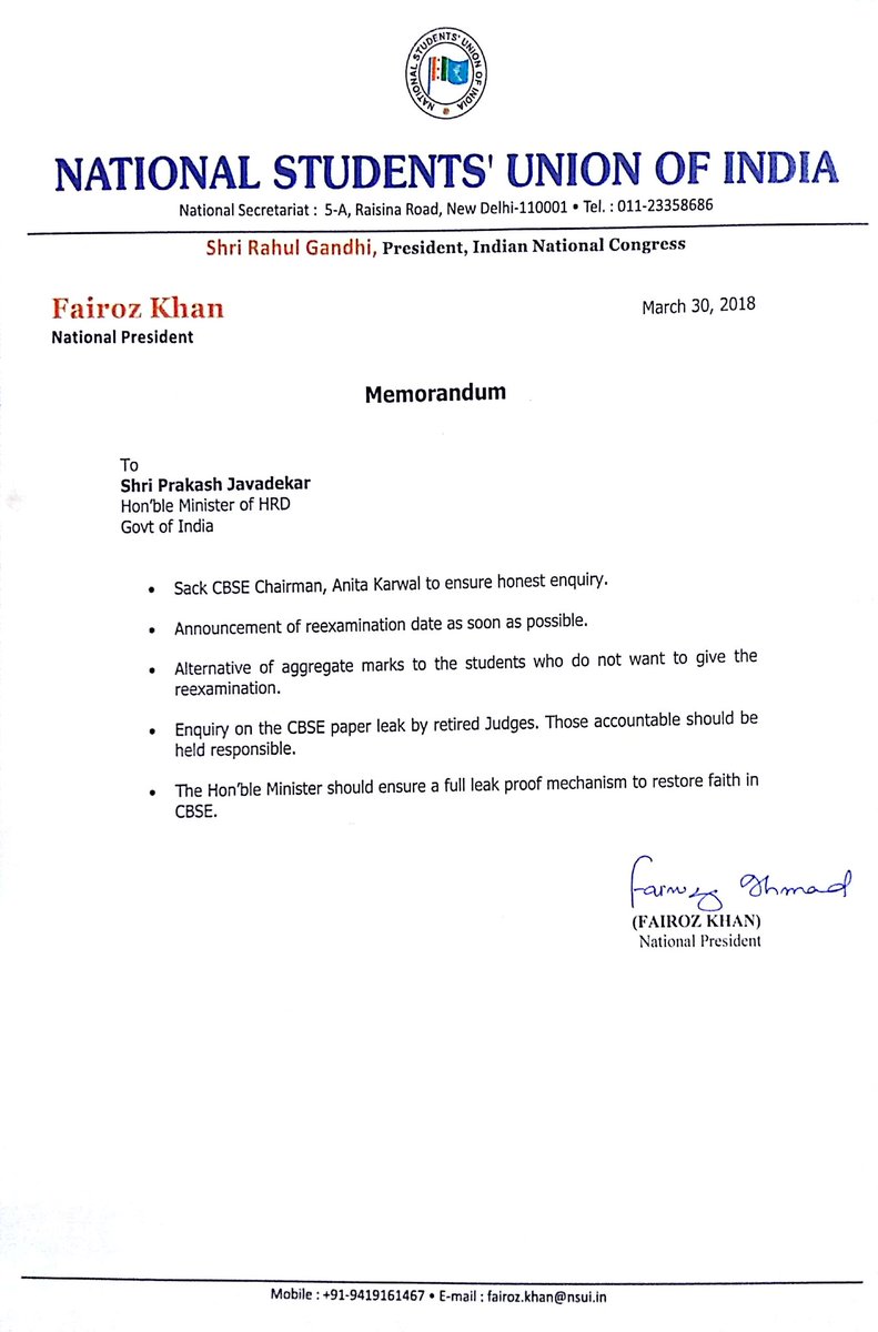 "We asked him to sack the CBSE chief... Another alternative we suggested was to accord average marks of previous papers in place of the cancelled papers," Delhi University Students Union President and NSUI member Rocky Tuseed told IANS. The leak of economics question paper of Class 12 and mathematics paper of Class 10 was reported on Wednesday. The CBSE has announced a re-examination in the two papers though fresh dates are yet to be announced. CBSE paper leak,NSUI meets Javadekar,CBSE,CBSE chief sacked,CBSE chief,Prakash Javadekar,Anita Karwal