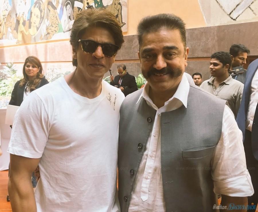 Actor-turned-politician Kamal Hassan with Shah Rukh Khan during Reframing the Future of Film event in Mumbai. Christopher Nolan,Kamal Haasan,Kamal Haasan with Shah Rukh Khan,Shah Rukh Khan,Kamal Haasan with Amitabh Bachchan,Amitabh Bachchan