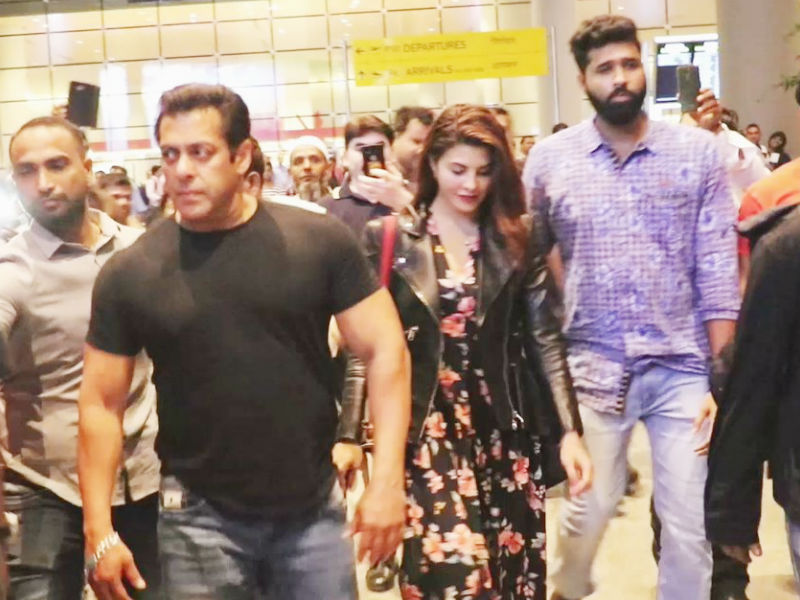 Race 3 pair Salman Khan and Jacqueline Fernandez were spotted together as they arrived back in Mumbai after wrapping their Abu Dhabi schedule. The duo who were shooting intense action sequences for the film together in Abu Dhabi. Salman Khan and Jacqueline Fernandez,Salman Khan,Jacqueline Fernandez,Race 3,Race 3 team,Race 3 movie team,Race 3 at airport,Salman Khan at airport,Jacqueline Fernandez at airport
