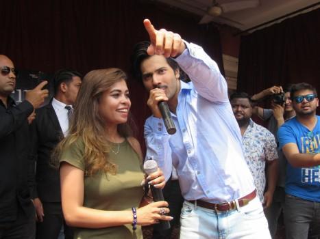Bollywood actor Varun Dhawan promotes his upcoming movie October at Lakshmi Bai College in Delhi on April 5, 2018.