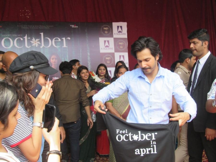 Actor Varun Dhawan during the promotions of his upcoming film "October" at Lakshmibai College in New Delhi on April 5, 2018. Varun Dhawan,actor Varun Dhawan,Varun Dhawan promotes October,October,October movie,October movie promotion,October movie promotion pics,October movie promotion images