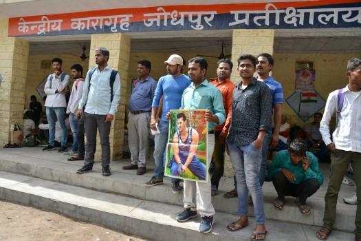 Actor Salman Khan fans celebrate outside the Jodhpur Central Jail in Jodhpur on April 7, 2018. Salman Khan was sentenced to five years of imprisonment in the 1998 black buck poaching case, while the other four co-accused actors -- Sonali Bendre, Saif Ali Khan, Tabu and Neelam -- were acquitted of all charges.