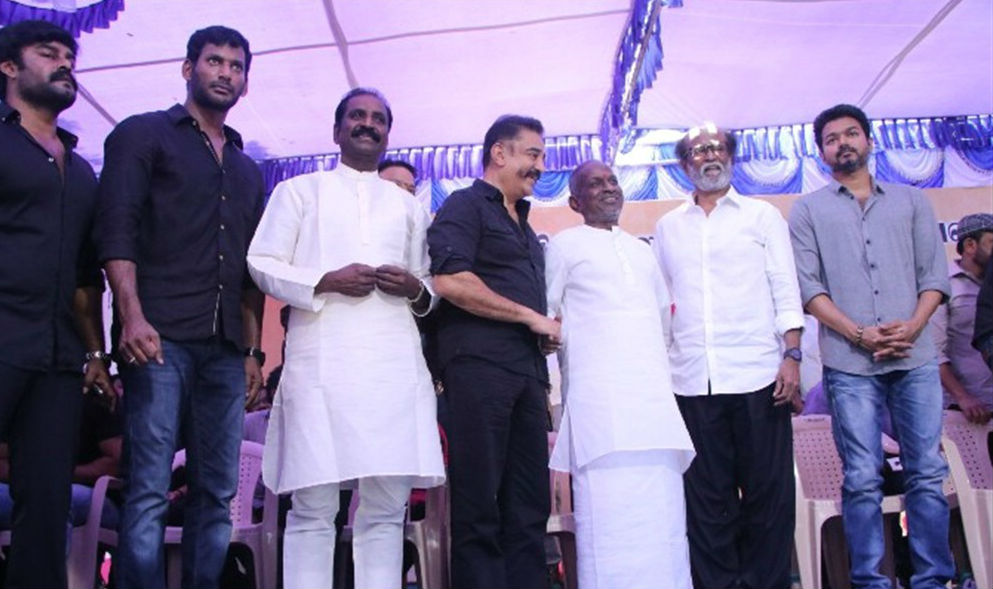 Tamil film fraternity led by veteran actors-turned-politicians Kamal Haasan and Rajinikanth on Sunday observed a silent protest demanding the setting up of a Cauvery Management Board and the Cauvery Water Regulation Committee (CWRC). Rajinikanth,Kamal,Vijay,Suriya,Vishal,Sivakarthikeyan,Dhanush,Nadigar Sangam protest,Cauvery row,Kamal Haasan