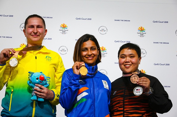 Indian shooter Heena Sidhu won gold in the women's 25 metre Pistol event at the 21st Commonwealth Games (CWG) here on Tuesday. Heena notched up a new CWG record of 38 points in the final to take the title in style. Elena Galiabovitch of Australia scroed 35 to take silver while Malaysia's Alia Sazana Azahari got bronze with 26. 25m pistol shooting,CWG 2018,commonwealth games 2018,Heena Sidhu,Manu Bhaker Heena Sidhu Commonwealth Games,Heena Sidhu pics,Heena Sidhu images