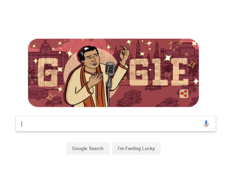 The doodle, designed by Vidhya Nagarajan, shows Saigal singing with the background of Kolkata, where the Hindi film industry or Bollywood was based initially. Born on this day in 1904 in Jammu, Kundanlal Saigal is considered the first superstar of the Hindi film industry. His style of singing and power of expression took film music to an unprecedented height in that era. Saigal sang 200 film and non-film songs, some being -- "Jab Dil Hi Toot Gaya", "Ek Bangla Bane Nyara", "Hum Apna Unhe Bana Na Sake", "Do Naina Matwale Tihare", "Main Kya Janoon Kya Jadu Hai", "Katibe Taqdeer" that continue to enthrall generations of music lovers even to this day. Doodle,google doodle,K.L. Saigal,K.L. Saigal birthday,legendary singer