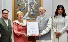 Bollywood actress and Unicef goodwill ambassador Priyanka Chopra met Prime Minister Narendra Modi for an "insightful" and "positive" conversation on making healthcare accessible for women, children and adolescents in the country. Priyanka on Wednesday tweeted a photograph of herself with Modi, Health Minister J.P. Nadda and former President of Chile Michelle Bachelet.