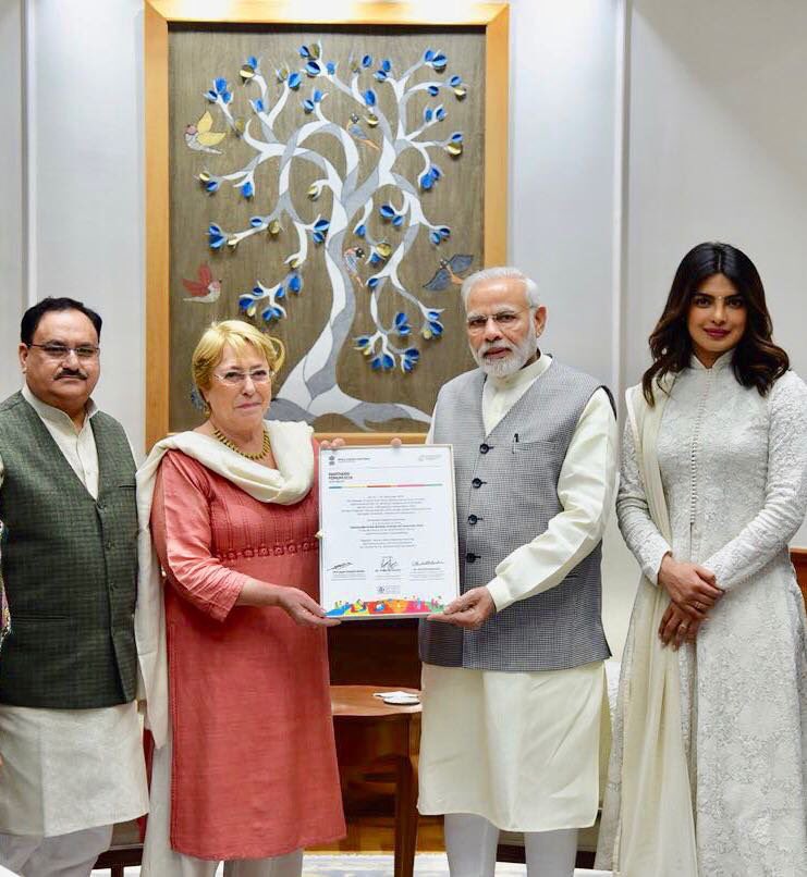 Bollywood actress and Unicef goodwill ambassador Priyanka Chopra met Prime Minister Narendra Modi for an "insightful" and "positive" conversation on making healthcare accessible for women, children and adolescents in the country. Priyanka on Wednesday tweeted a photograph of herself with Modi, Health Minister J.P. Nadda and former President of Chile Michelle Bachelet. Priyanka Chopra,Priyanka Chopra meets Narendra Modi,Narendra Modi,Priyanka Chopra with Narendra Modi,Unicef goodwill ambassador,Prime Minister Narendra Modi