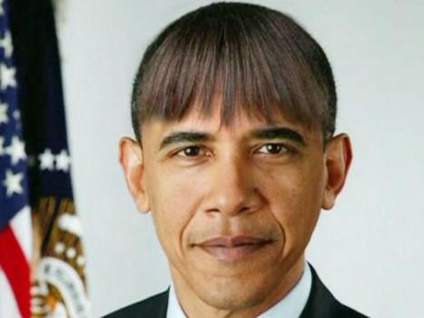 U.S. President Barack Obama makes light of his wife's new bangs with a mock picture of himself with the same hairdo in this humorous photo created by the White House shown at the annual White House Correspondents' Association dinner in Washington on April 27, 2013. Obama poked fun at the media, his critics and himself on Saturday at the annual White House Correspondents' Association dinner, a star-filled event where journalists and celebrities mixed with the Washington elite.