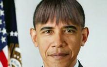 U.S. President Barack Obama makes light of his wife's new bangs with a mock picture of himself with the same hairdo in this humorous photo created by the White House shown at the annual White House Correspondents' Association dinner in Washington on April 27, 2013. Obama poked fun at the media, his critics and himself on Saturday at the annual White House Correspondents' Association dinner, a star-filled event where journalists and celebrities mixed with the Washington elite.