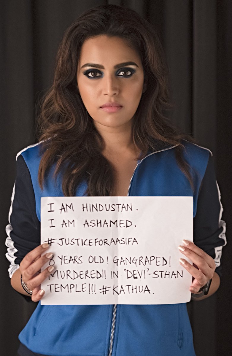Swara Bhasker posted: I am Hindustan. I am Ashamed. Justice For Our Child, Gangraped. Murdered. Gul Panag,Danish Aslam,Mini Mathur,Justice for Aasifa,Kathua rape victim,Kathua rape,Bollywood celebrities on Kathua rape case,Kathua rape and murder case