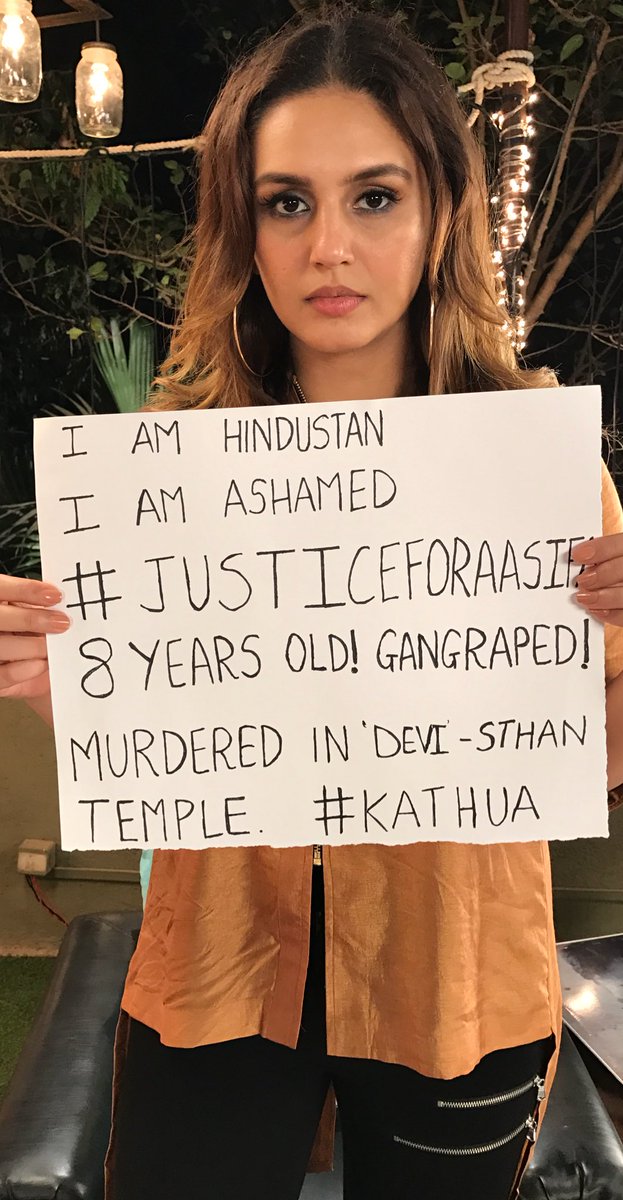 Huma Qureshi tweeted: I am Hindustan.I am Ashamed. 8 years old. Gangraped. Murdered. In ‘Devi’-sthaan temple. #Kathua Gul Panag,Danish Aslam,Mini Mathur,Justice for Aasifa,Kathua rape victim,Kathua rape,Bollywood celebrities on Kathua rape case,Kathua rape and murder case