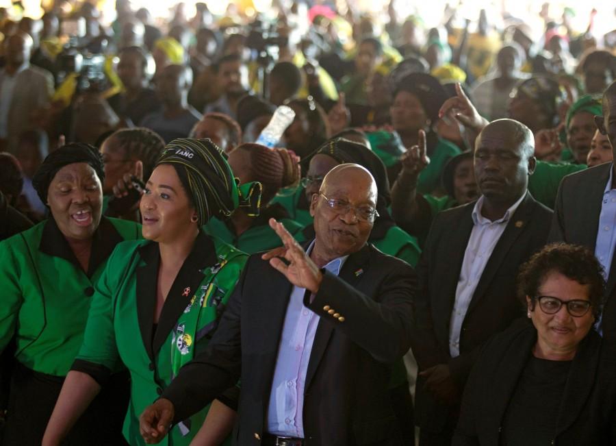 Former South African President Jacob Zuma and his wife Thobeka Madiba-Zuma sing during a memorial service for Winnie Madikizela-Mandela in Durban, South Africa, April 12, 2018. Winnie Mandela,Winnie Madikizela-Mandela,Tributes to Winnie Mandela,South Africans paid tribute