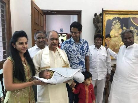 Nandamuri family in bliss mode. Actor Balakrishna's grandson with mother Tejaswini and father Sri Bharat along with grandfathers.
