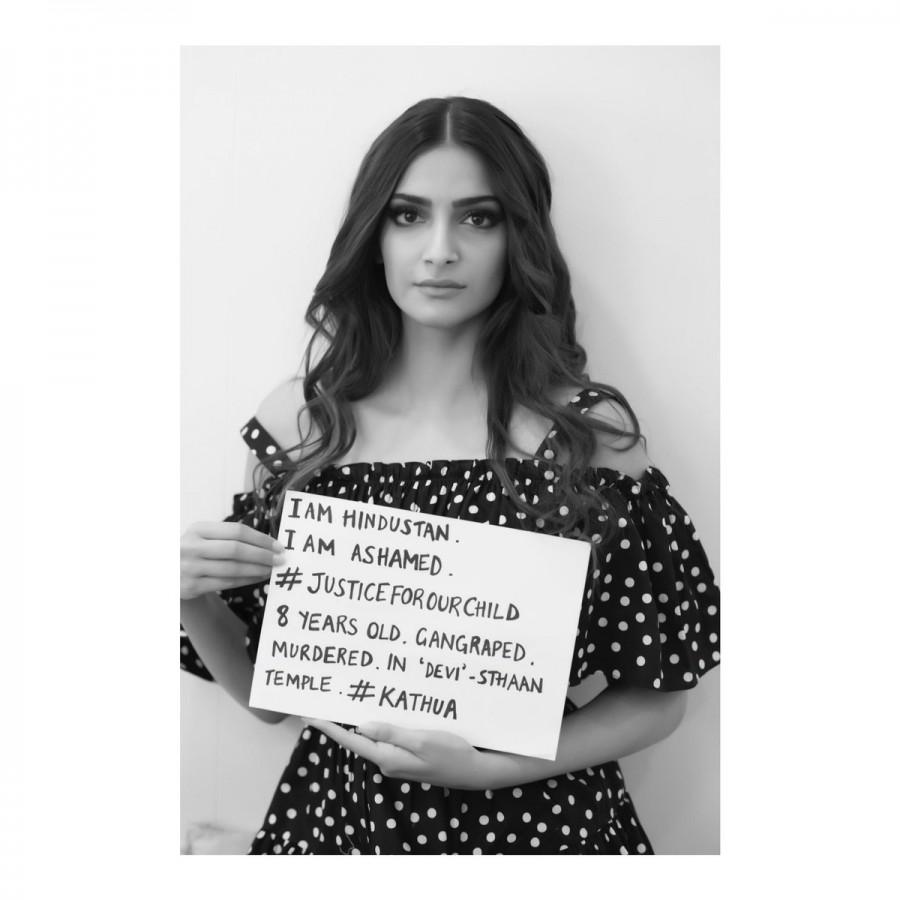 Sonam Kapoor posted: I am Hindustan. I am Ashamed. #JusticeForOurChild, 8 years old. Gangraped. Murdered. In ‘Devi’-sthaan temple. #Kathua Gul Panag,Danish Aslam,Mini Mathur,Justice for Aasifa,Kathua rape victim,Kathua rape,Bollywood celebrities on Kathua rape case,Kathua rape and murder case