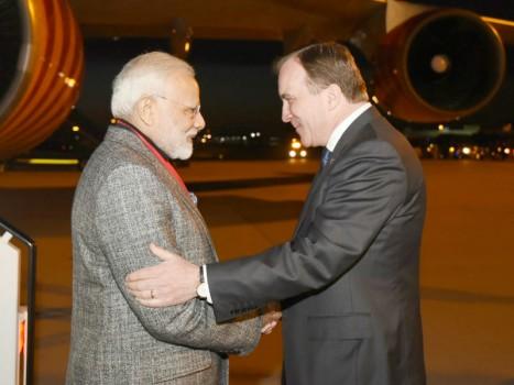 Indian Prime Minister Narendra Modi arrived here on Monday evening to a warm welcome on the first leg of his three-nation tour of Europe that will also see him going to Britain and Germany. Breaking protocol, Swedish Prime Minister Stefan Lofven received Modi at the airport here with a warm handshake. This is the first prime ministerial visit from India to Sweden in 30 years after the visit of Rajiv Gandhi in 1988. On Tuesday, Modi will hold a bilateral summit with Lofven following which a number of agreements are expected to be signed.
