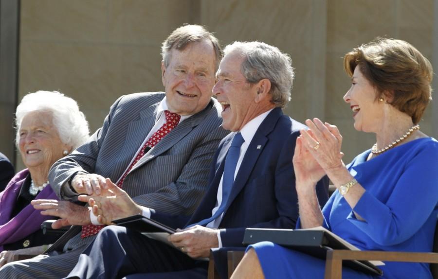 Former U.S. presidents George W. Bush (C) and his father George H.W. Bush laugh alongside former first ladies Laura Bush (R) and Barbara Bush (L) during the dedication ceremony for the George W. Bush Presidential Center in Dallas, April 25, 2013. Barbara Bush passes away,Barbara Bush,Barbara Bush dead,Barbara Bush passes,former First Lady,Barbara Bush rare pics,Barbara Bush rare images,Barbara Bush rare unseen pics,Barbara Bush rare unseen images