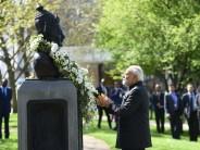 Prime Minister Narendra Modi pays his floral tribute to 12th century Lingayat philosopher and social reformer Bhagwan Basaveshwara statue on his birth Anniversary at Albert Embankment Gardens on the banks of the river Thames in London. Modi shared a picture on Twitter with the caption, "It is an honour to pay homage to Bhagwan Basaveshwara during my UK visit. The ideals of Bhagwan Basaveshwara motivate people across the entire world."