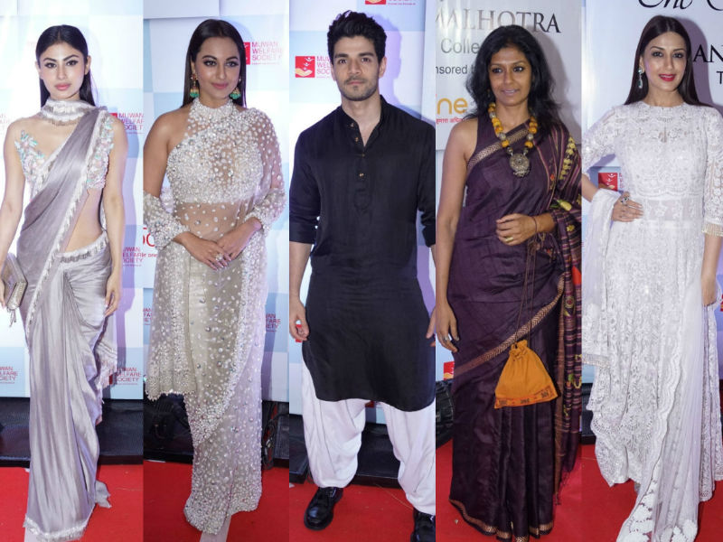 Manish Malhotra's "The Walk of Mijwan" fashion show event held at JW Marriott Hotel in Mumbai on April 19, 2018. From left to right Mouni Roy, Sonakshi Sinha, Sooraj Pancholi, Nandita Das and Sonali Bendre graced the event. Check out the above slideshow to see the photos of celebs like Asha Parekh, Waheeda Rahman, Daisy Shah, Dimple Kapadia, Huma Qureshi, Karan Tacker, Neetu Kapoor, Pooja Chopra, Pulkit Samrat, Saiyami Kher, Sanjeeda Shaikh, Saqib Saleem, Shabana Azmi, Tanishaa Mukerji, Yami Gautam and others who were also seen in super stylish avatars. Mouni Roy,Sonakshi Sinha,Sooraj Pancholi,Nandita Das,Sonali Bendre,Manish Malhotra,Manish Malhotra show,celebs at Manish Malhotra show,Manish Malhotra show pics,Manish Malhotra show images