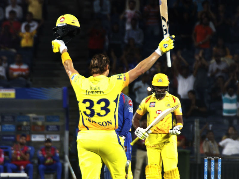Opener Shane Watson hit a fantastic 106-run knock as Chennai Super Kings (CSK) thrashed Rajasthan Royals (RR) by 64 runs here on Friday to register their third win in four games in the Indian Premier League (IPL). Veteran Australian all-rounder Watson took just 51 deliveries to bring up his third IPL century, guided by nine boundaries and six sixes, to propel Chennai to a massive 204/5 at the Maharashtra Cricket Association Stadium which is the southern franchise's new home venue. In reply, Rajasthan were bowled out for 140 in 18.3 overs as they suffered second straight loss after winning the first two. Shane Watson,Shane Watson 100,Chennai Super Kings,Rajasthan Royals,CSK beats RR,CSK trash RR,Indian Premier League,Indian Premier League 2018,IPL 2018,IPL 2018 pics,IPL 2018 images