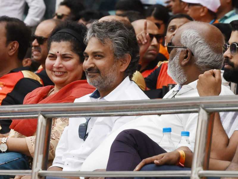 Filmmaker SS Rajamouli and Keeravani cheer for Sunrisers Hyderabad during SRH vs CSK match. SRHvs CSK,Sunrisers Hyderabad,SS Rajamouli and Keeravani,SS Rajamouli,Keeravani,SS Rajamouli at IPL,SS Rajamouli during IPL,Baahubali director